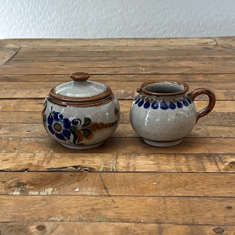 Tonala Mexican Pottery Cream and Sugar Set Stoneware Handpainted Florals